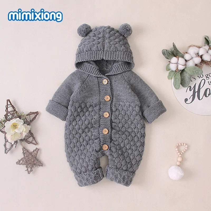 Mini Bear Knit Hooded Romper