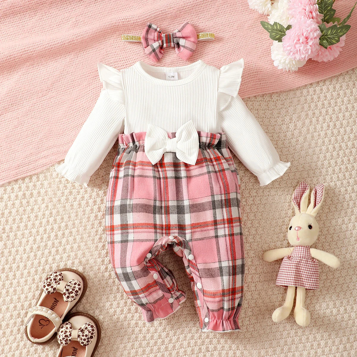 Mini Check Flutter Sleeve Jumpsuit Set