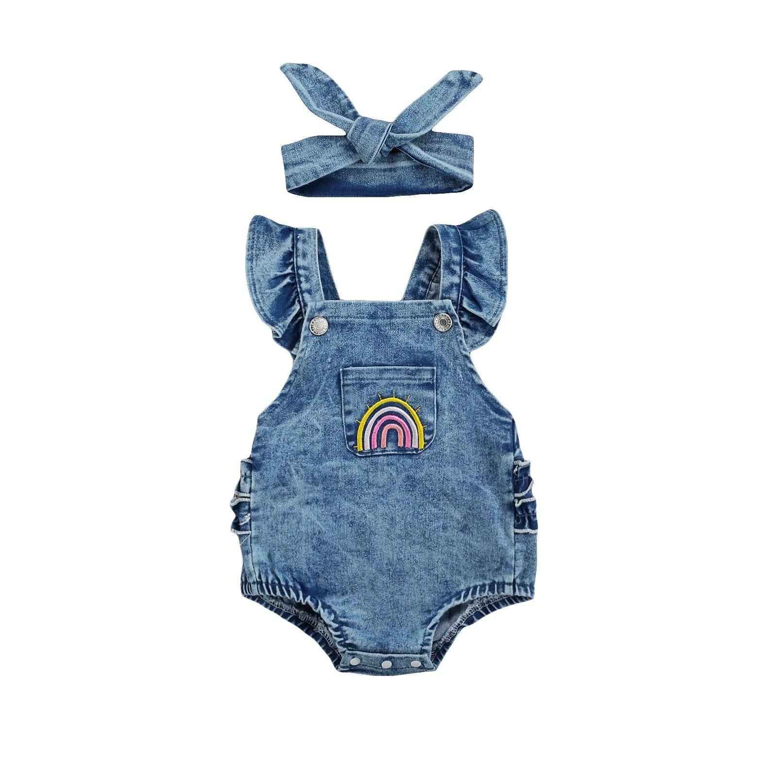 Mini Rainbow Denim Romper Set