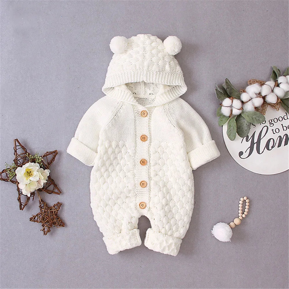 Mini Bear Knit Hooded Romper