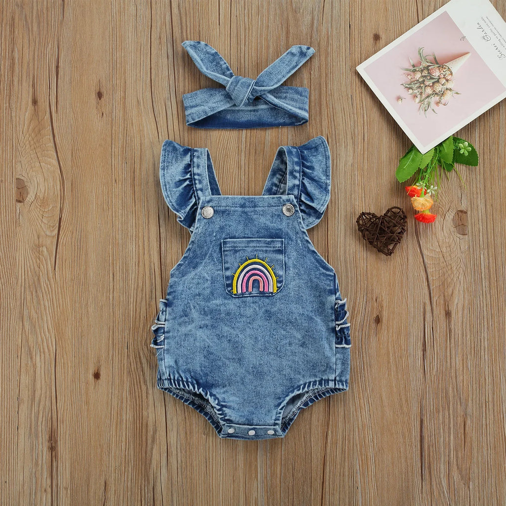 Mini Rainbow Denim Romper Set