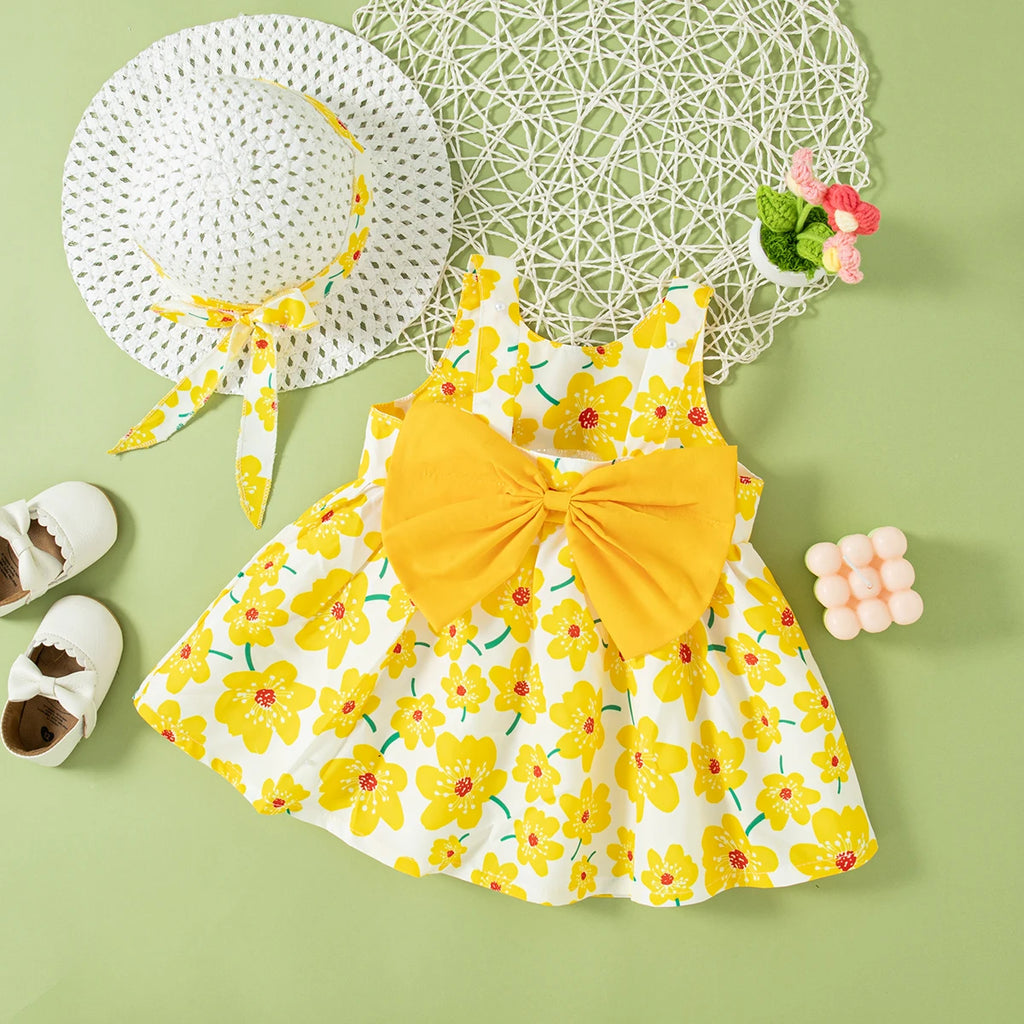 Mini Floral Bow Dress & Hat Set