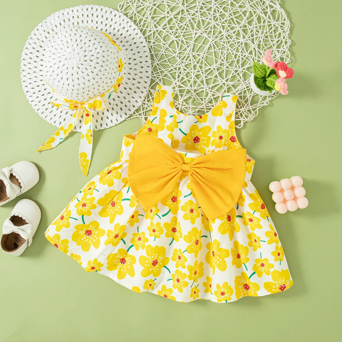 Mini Floral Bow Dress & Hat Set