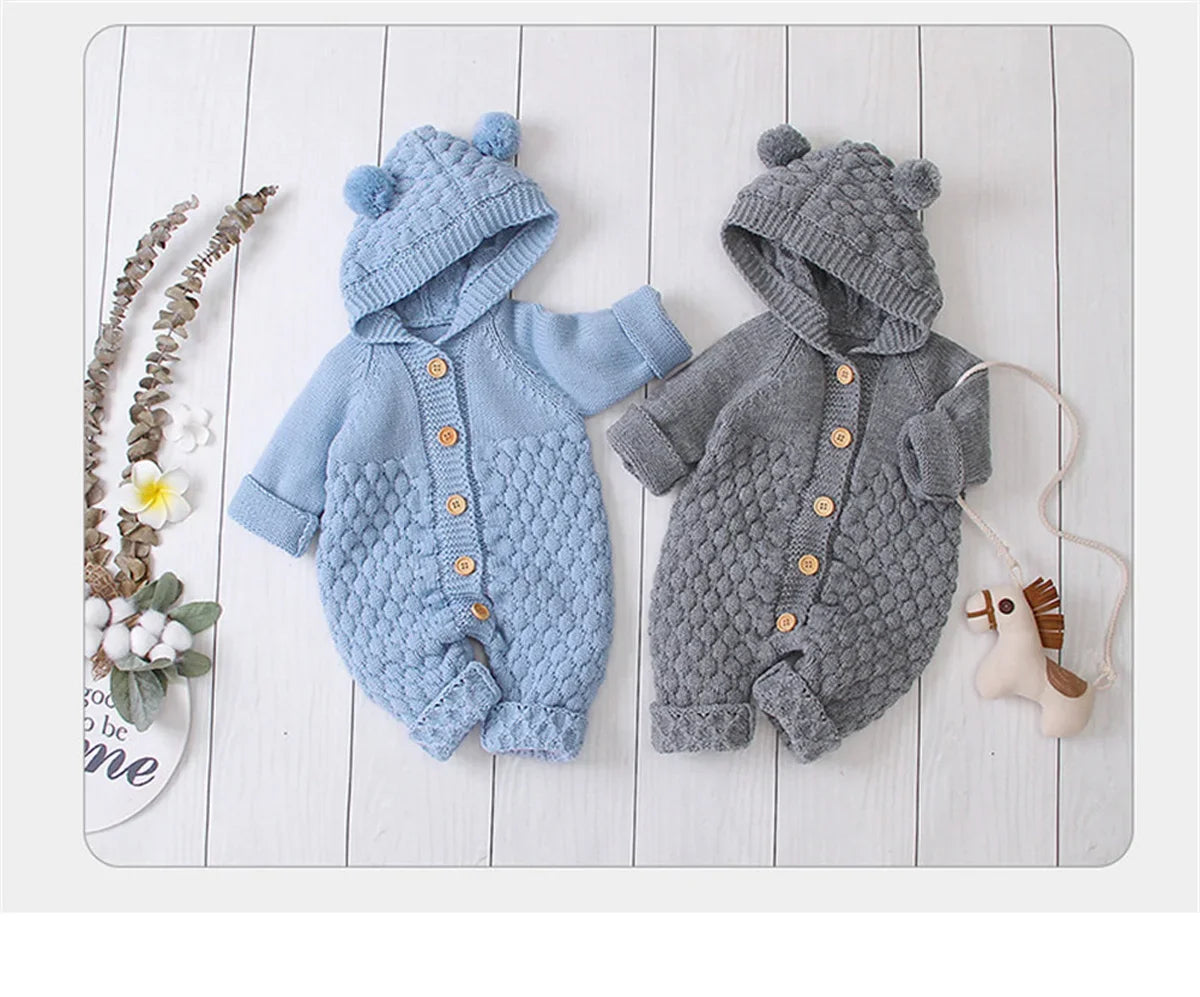 Mini Bear Knit Hooded Romper