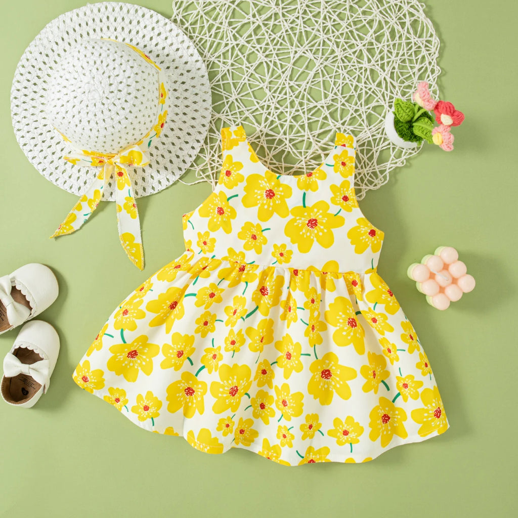 Mini Floral Bow Dress & Hat Set