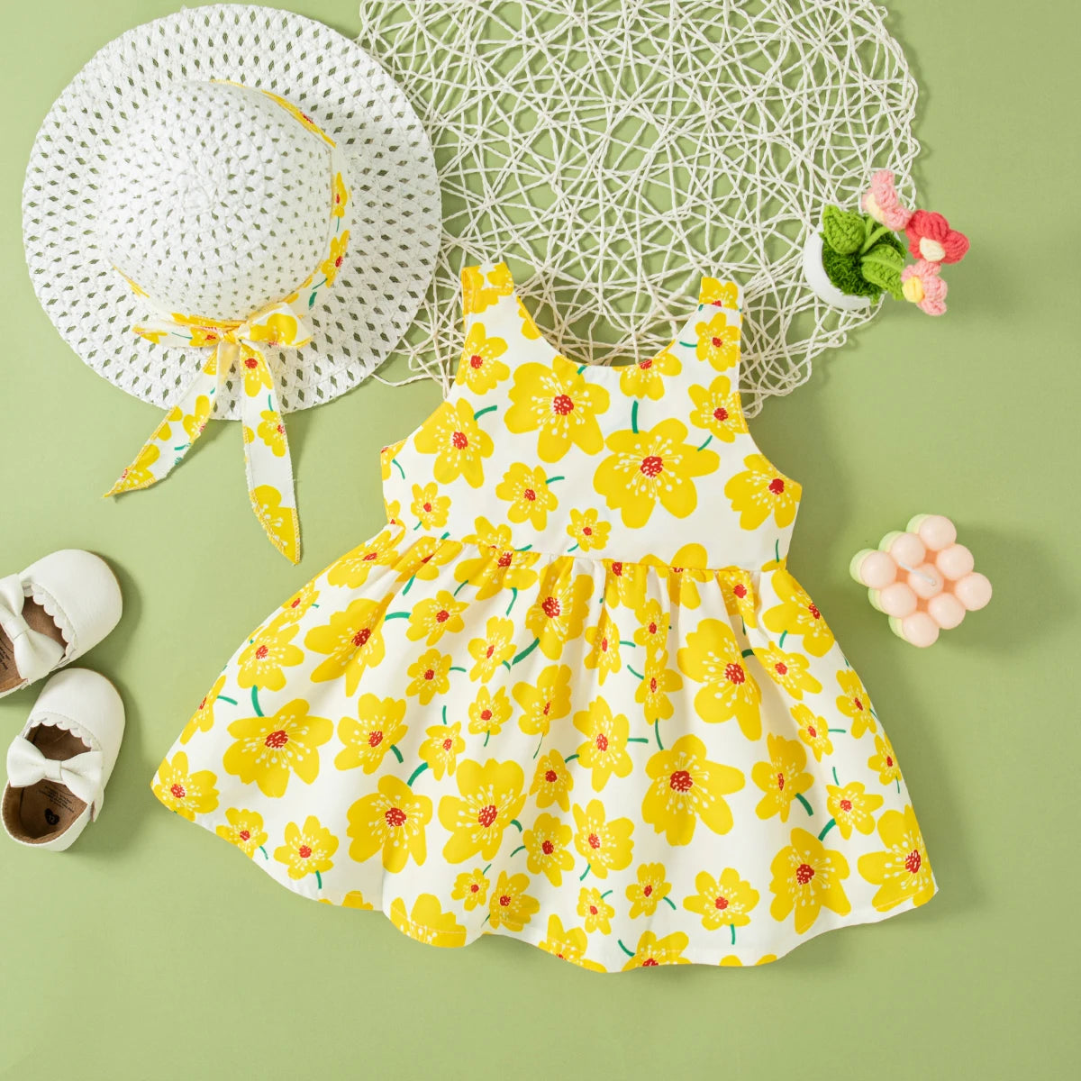 Mini Floral Bow Dress & Hat Set