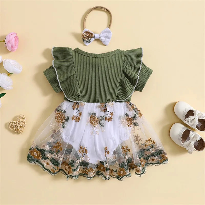 Mini Floral Embroidered Romper Set