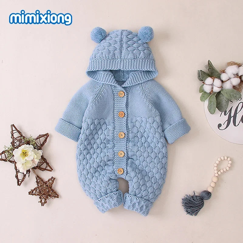 Mini Bear Knit Hooded Romper