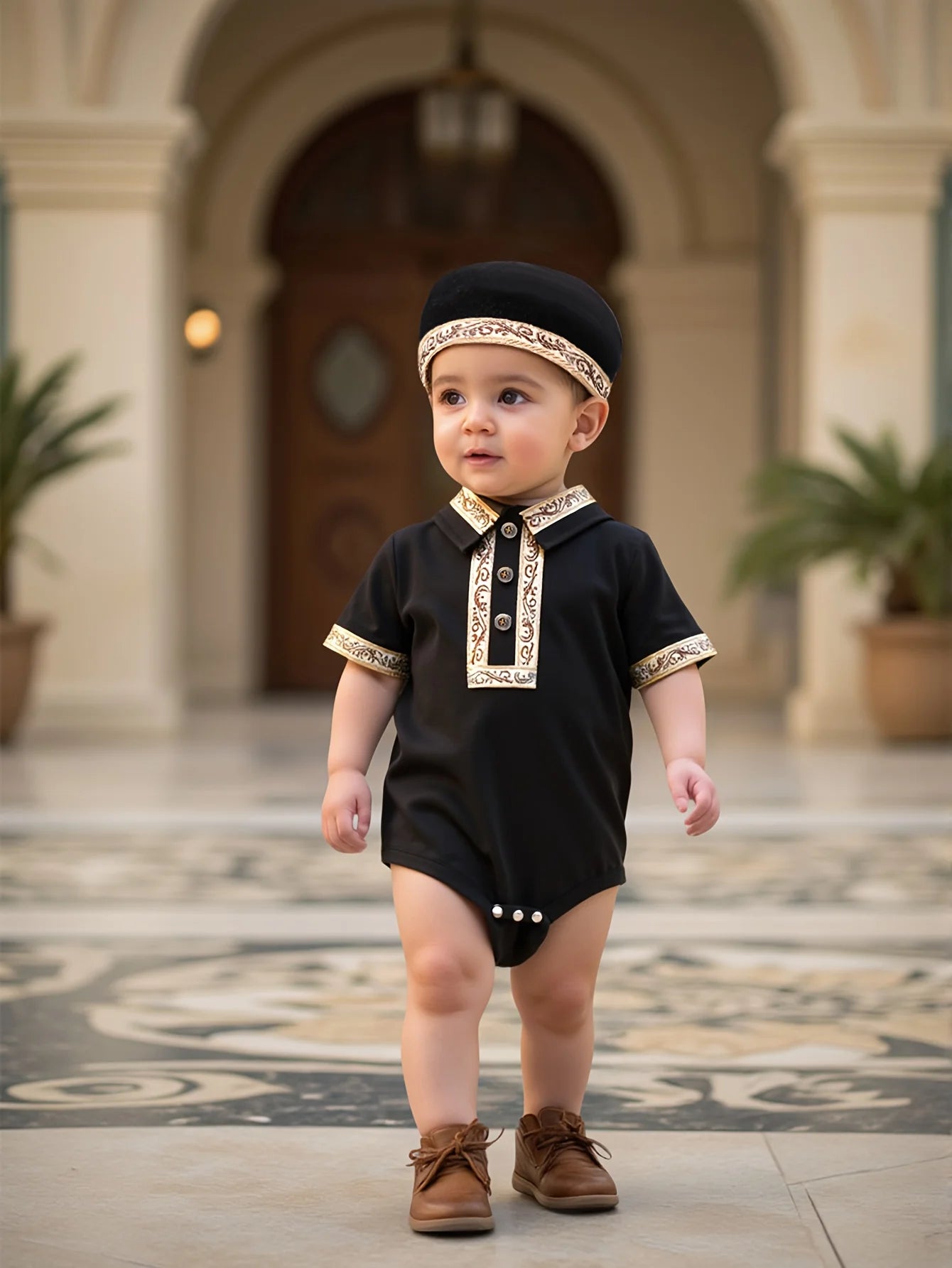 Mini Ethnic Suspender Romper Set