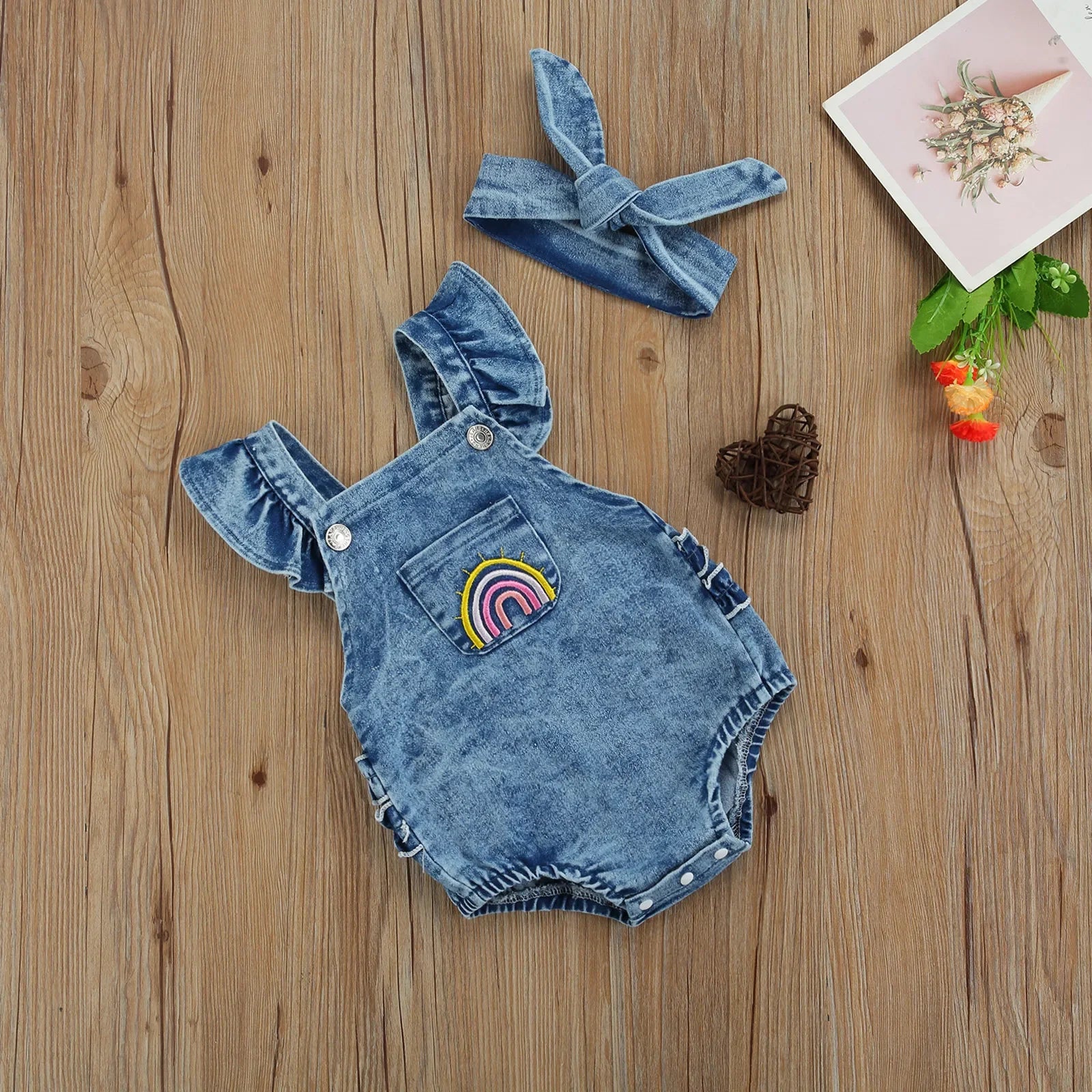 Mini Rainbow Denim Romper Set