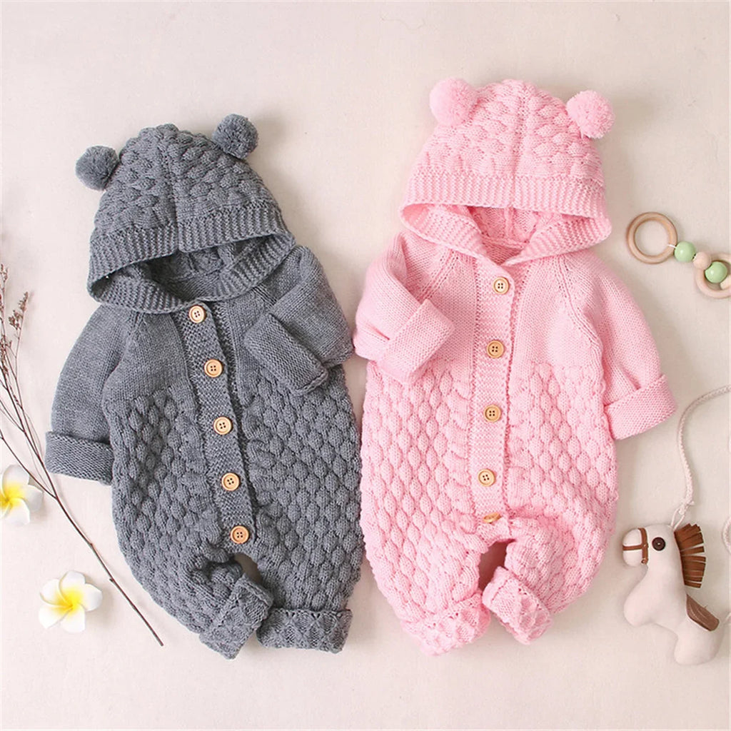 Mini Bear Knit Hooded Romper