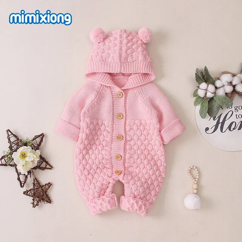 Mini Bear Knit Hooded Romper