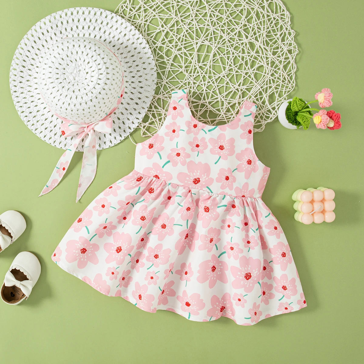 Mini Floral Bow Dress & Hat Set