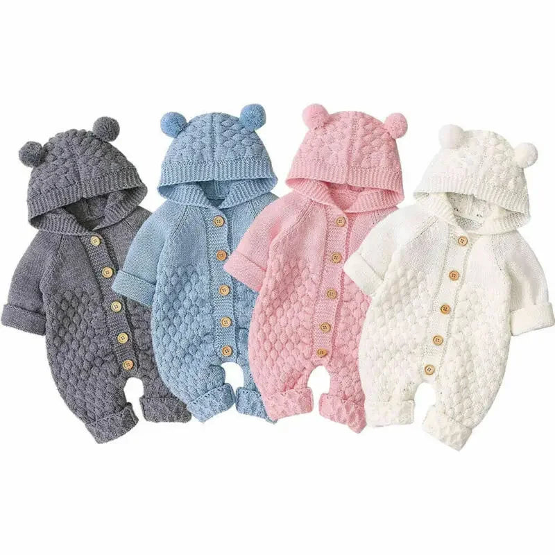 Mini Bear Knit Hooded Romper