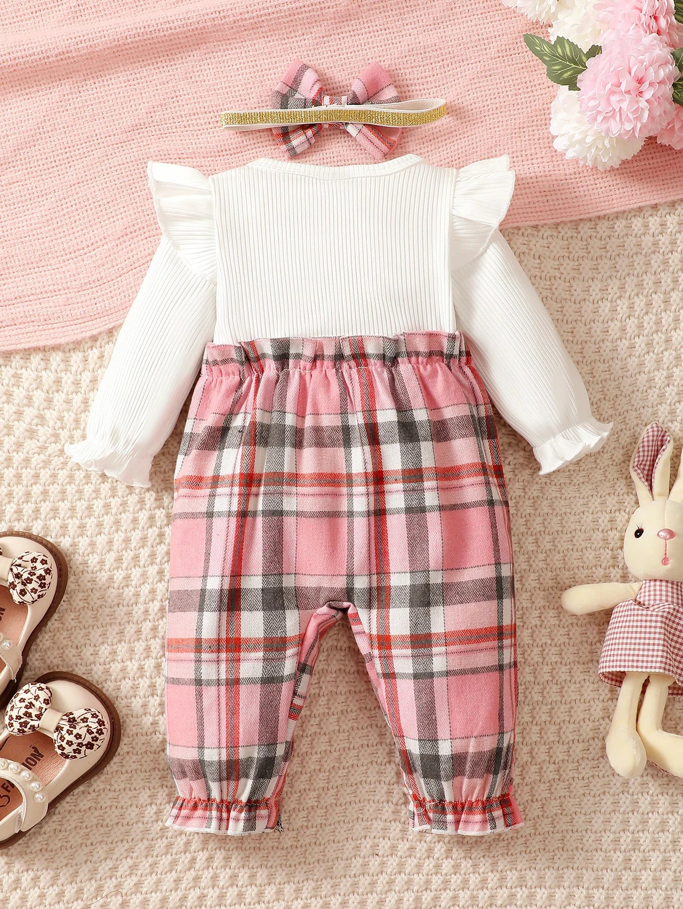 Mini Check Flutter Sleeve Jumpsuit Set